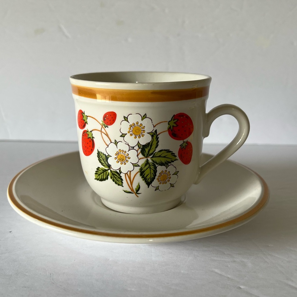Vintage Sheffield Strawberries 'n Cream Stoneware Japan Coffee Tea Cup & Saucer